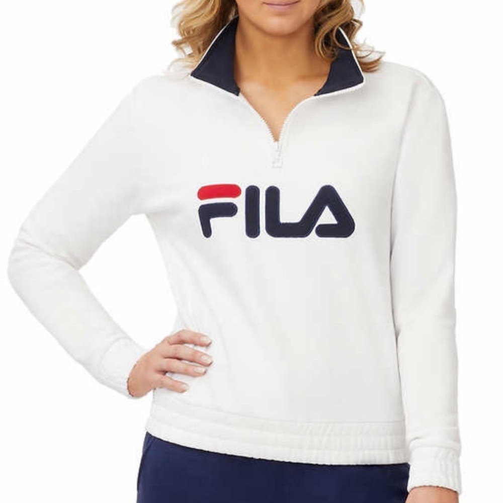 Fila spell out logo embroidered quarter zip sweatshirt pullover in white size M